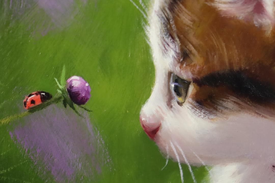 真作保証 長岡卓 「小さい秋」 油彩3号 可愛い猫画 リアリズム