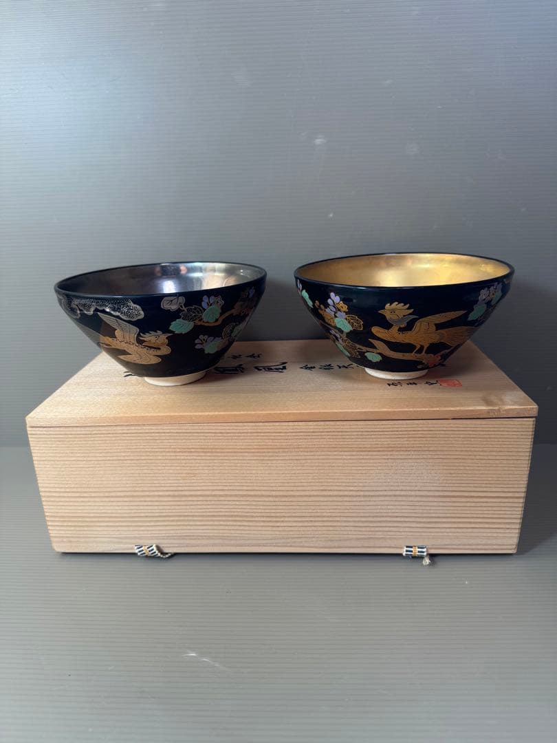 2787 原平窯　瑞鳥鳳凰　金銀天目抹茶茶碗　2客　未使用