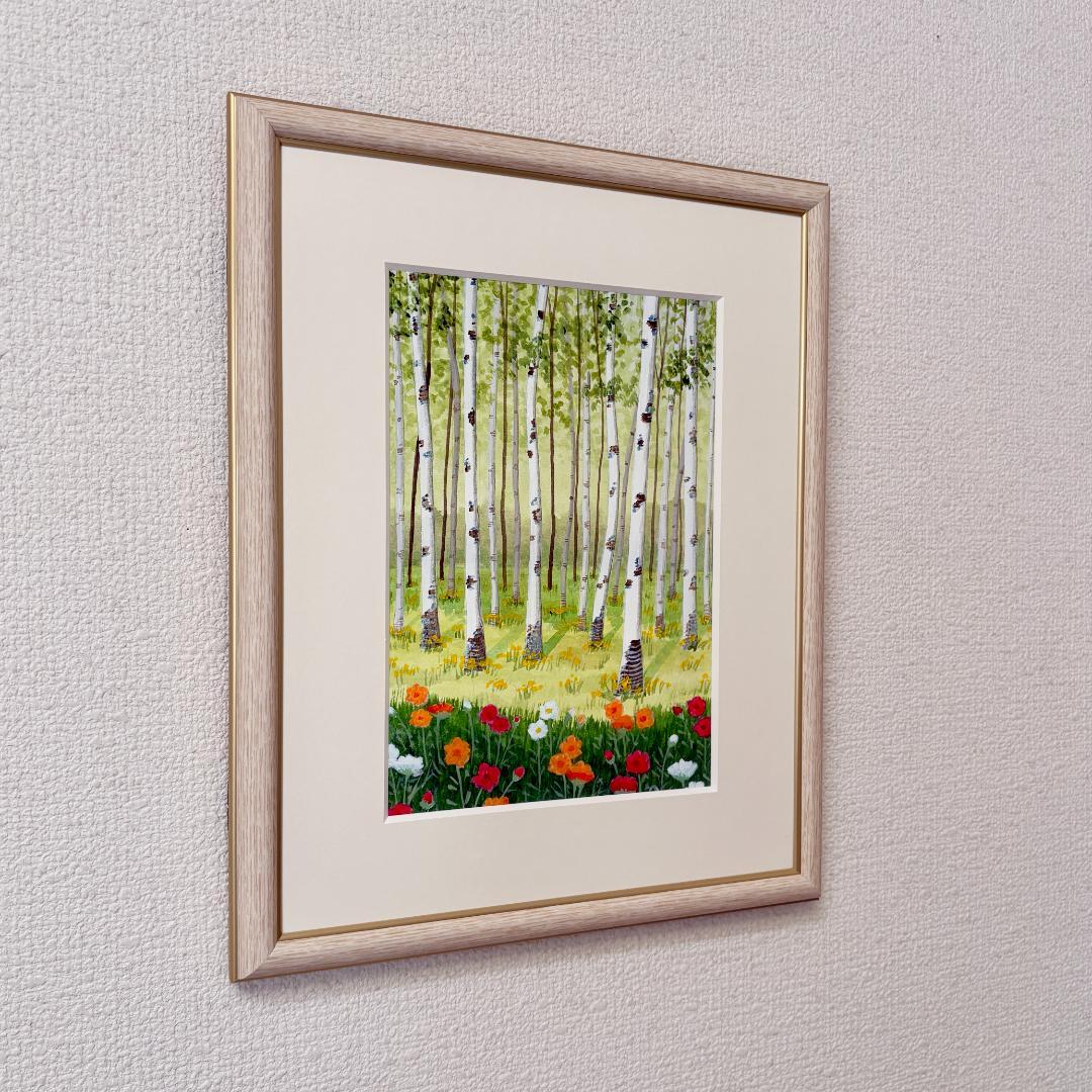 アクリル画　原画　「白樺林02」額縁付き　SMサイズ　風景画