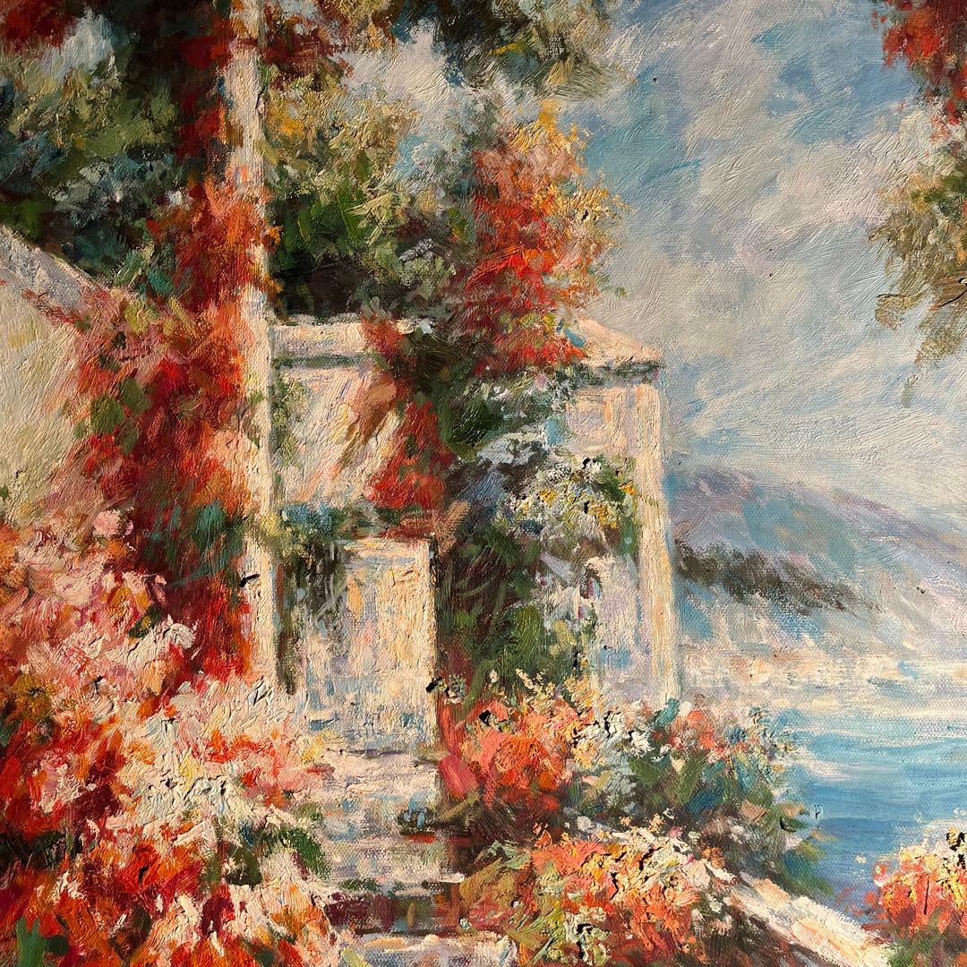 ★特大★ 手書き油絵 テラス 肉筆絵画 インテリア 油彩画