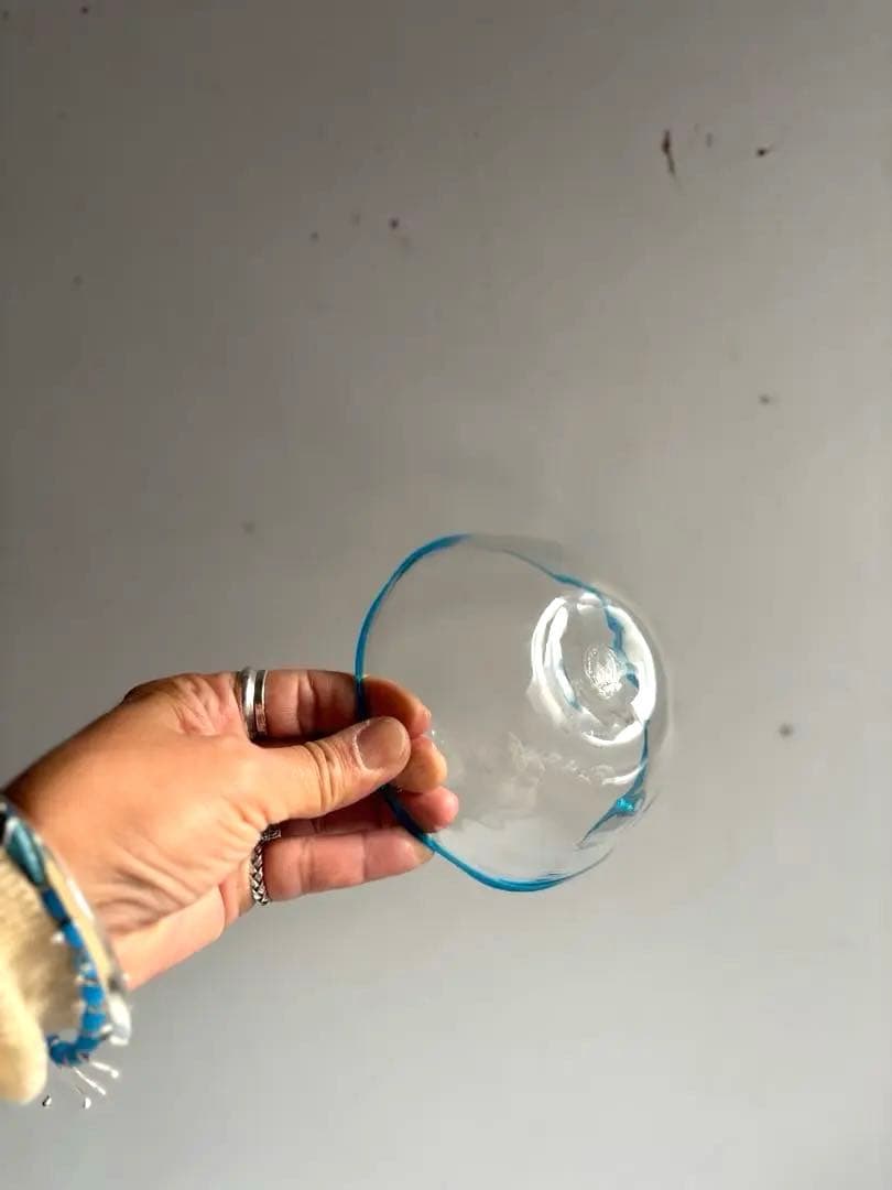 824 民芸 工芸 倉敷ガラス 色口巻き輪花小鉢 5枚組 ブルー 美品