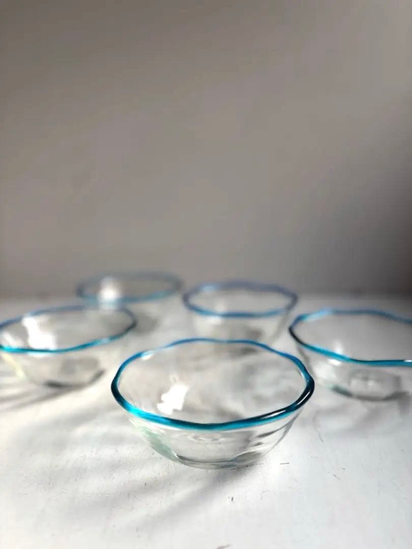 824 民芸 工芸 倉敷ガラス 色口巻き輪花小鉢 5枚組 ブルー 美品