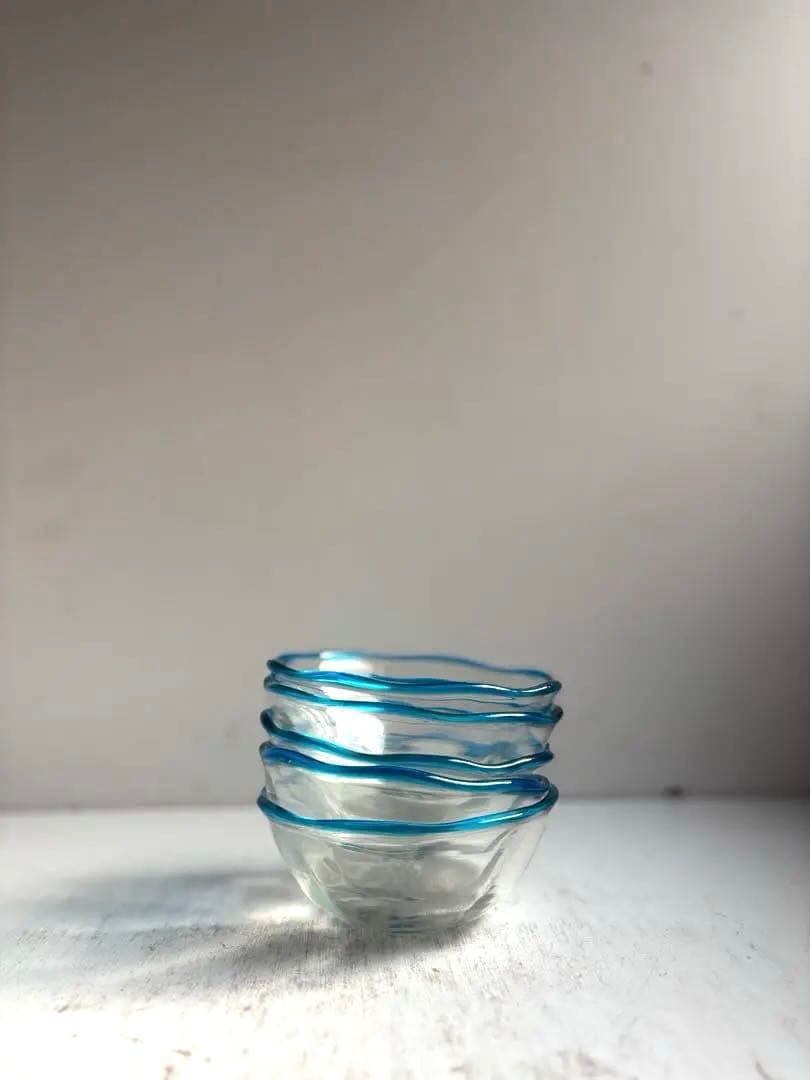 824 民芸 工芸 倉敷ガラス 色口巻き輪花小鉢 5枚組 ブルー 美品