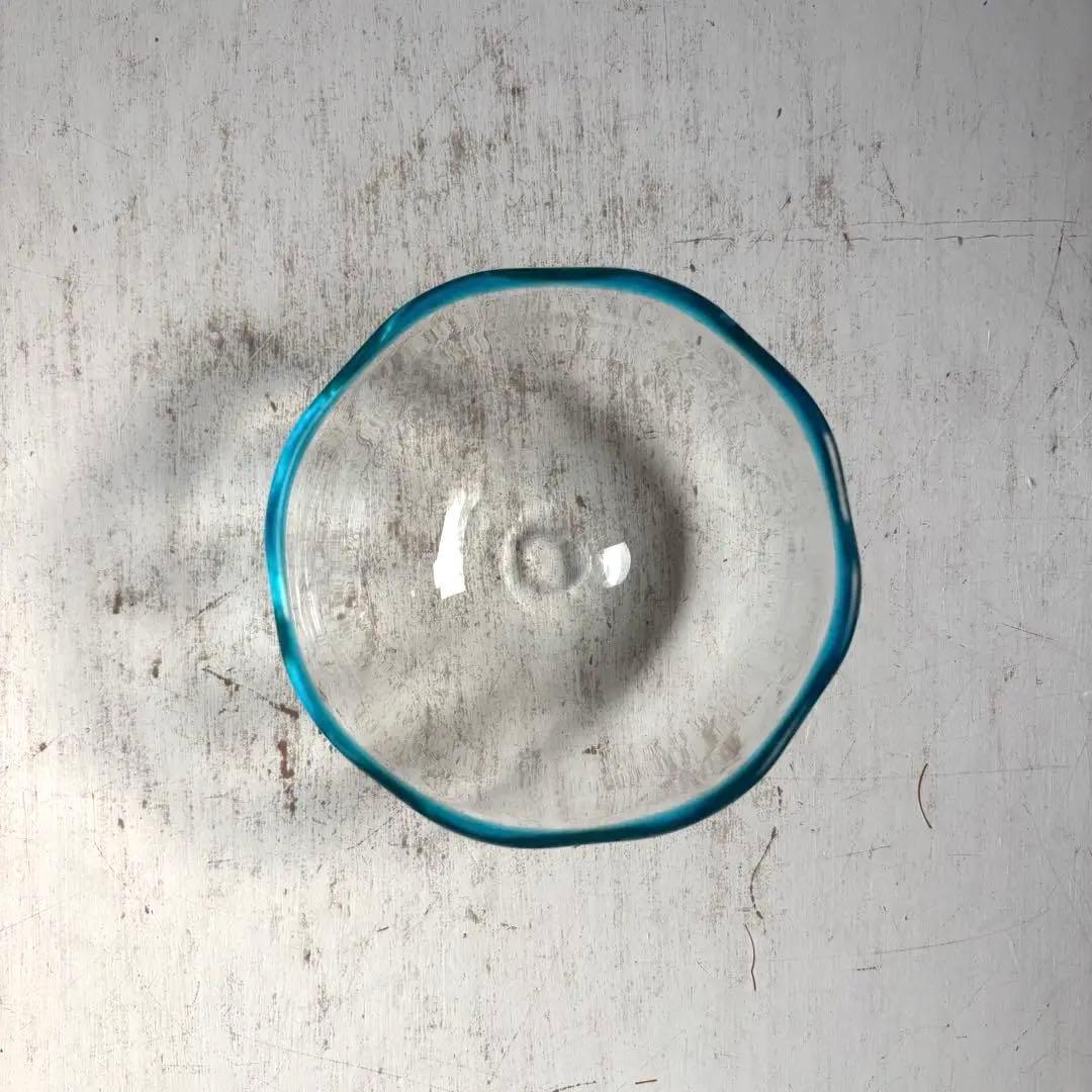 824 民芸 工芸 倉敷ガラス 色口巻き輪花小鉢 5枚組 ブルー 美品