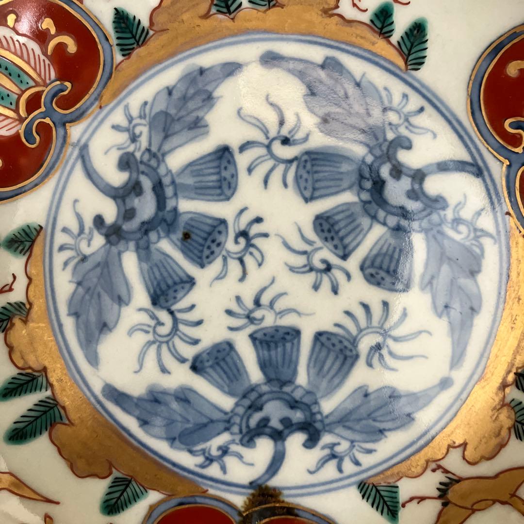 古伊万里 江戸中期色絵金彩染付 なます皿 花リム鉢 古道具 アンティーク 骨董