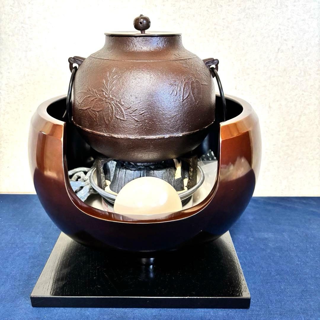 人間国宝敬典造茶釜 風炉 電熱器 唐銅面取風炉 桐地紋真形釜 野々田製電熱器