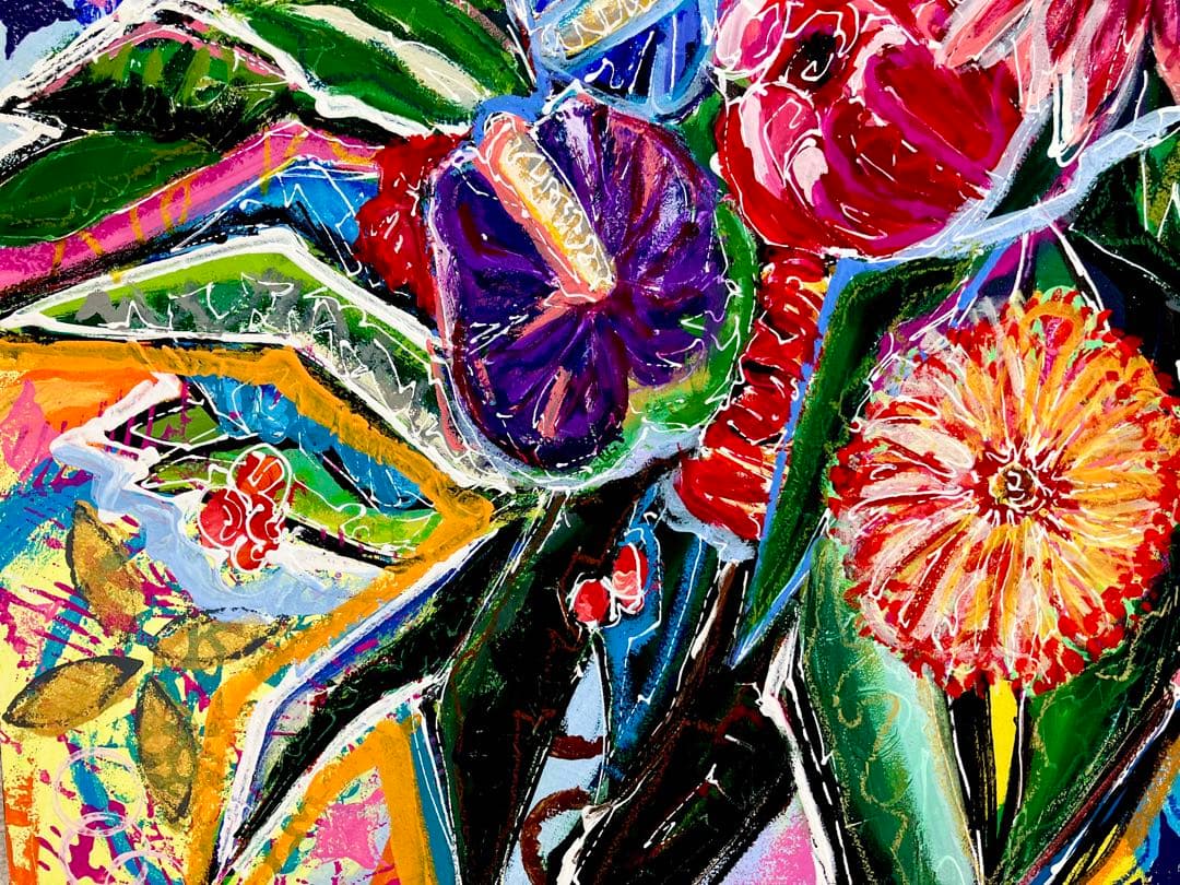 原画　花　額付き　花の絵　静物画　絵画　アクリル画　現代アート　手描き　一点物