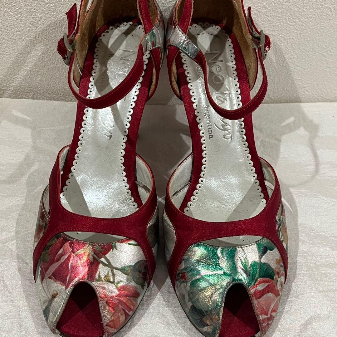 Neo Tango 赤と花柄の安定感抜群オープントゥ中ヒール　タンゴ、社交ダンス