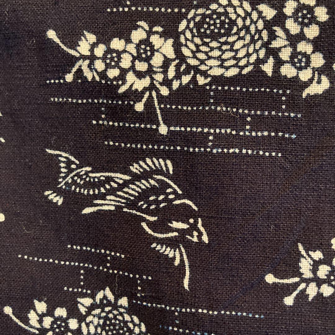 古布　両面染め　型染　藍染　半襦袢　袖無し　雀