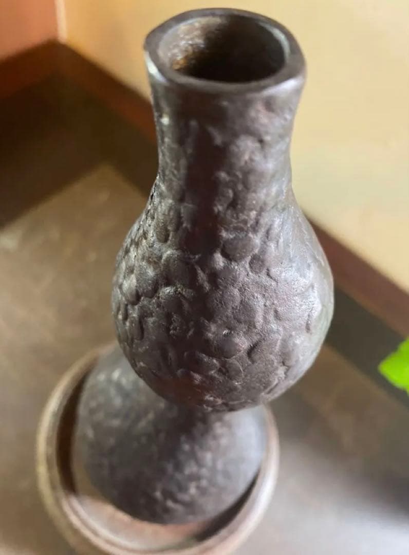 美品　二上元威作　青銅製花器　唐木鑑賞台付　２点セット　アンティーク　レア