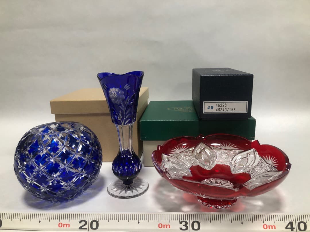 江戸切子丸型花瓶　クリスタル一輪挿し　ボヘミア小鉢　3点セット