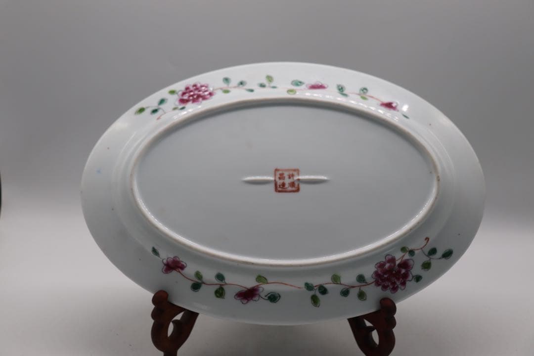 中国　許順昌造　粉彩鳳凰牡丹紋楕円大皿　送料込み1028