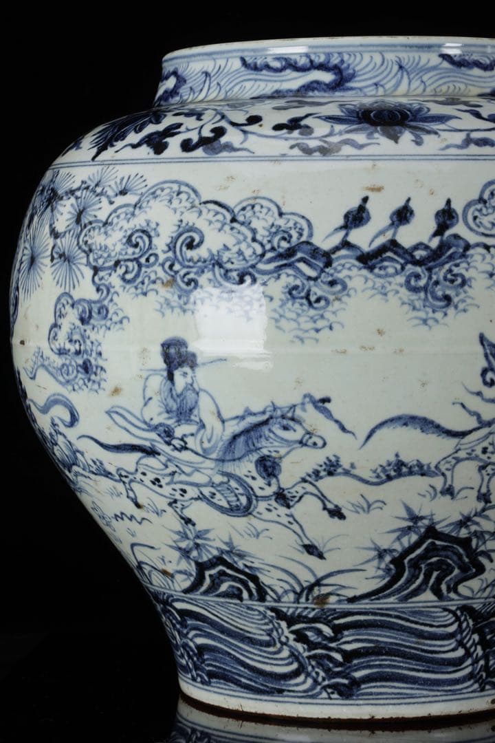 中国古玩 青花 染付 人物騎馬図 大壺30㎝ 飾壺 唐物 時代物 古美術 骨董品