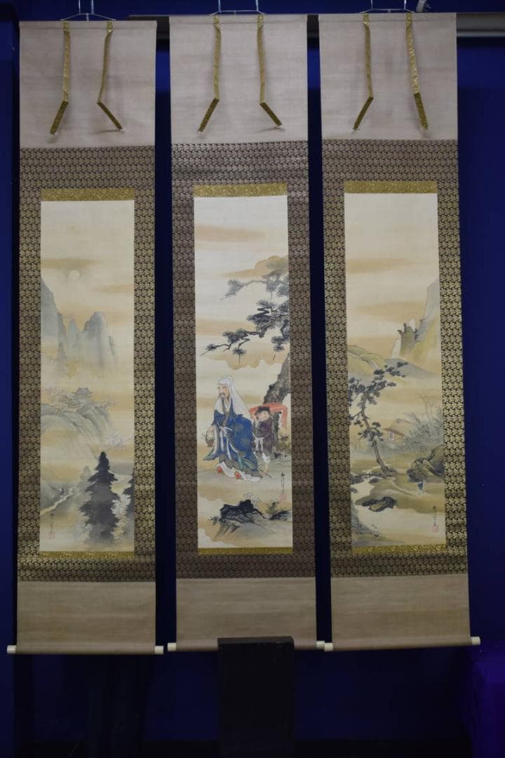 真作/狩野伊川院/人物山水図/三幅/金襴表装/布袋屋掛軸HG-24