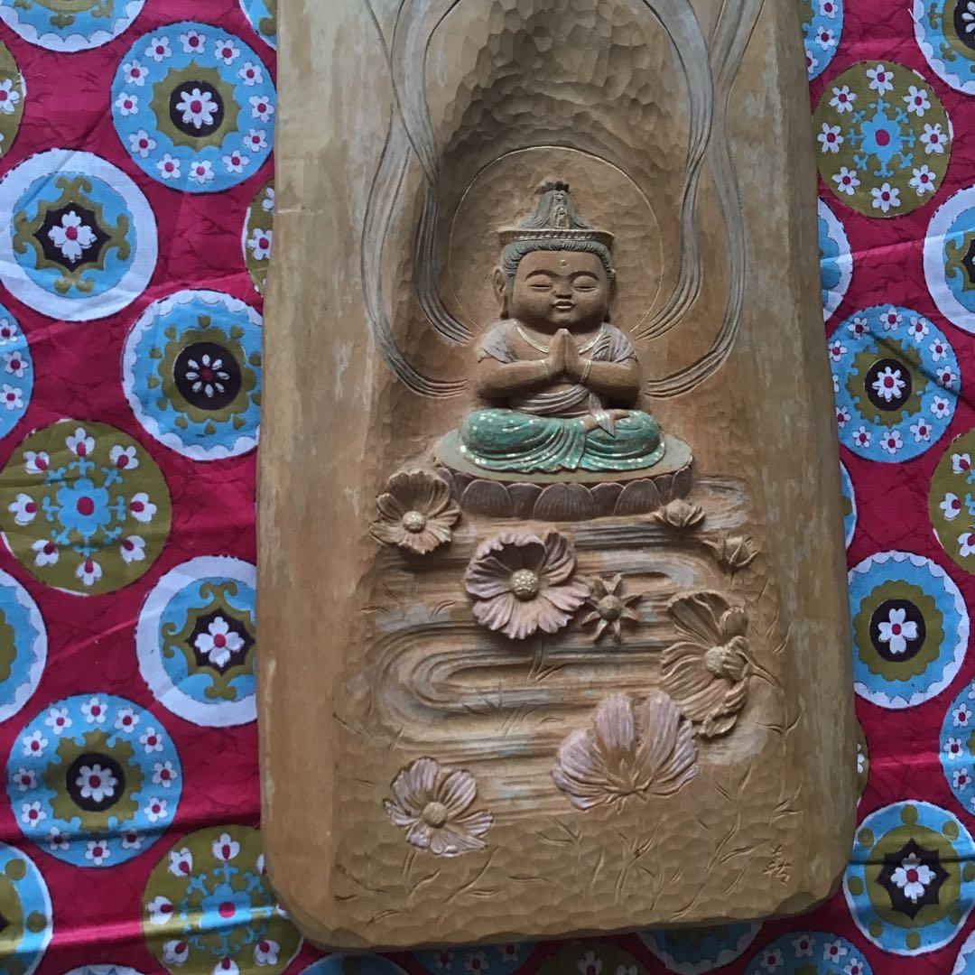 木製仏像彫刻 　牧田善春　題名「秋桜」木彫り　東洋美術　仏教　仏様　観音