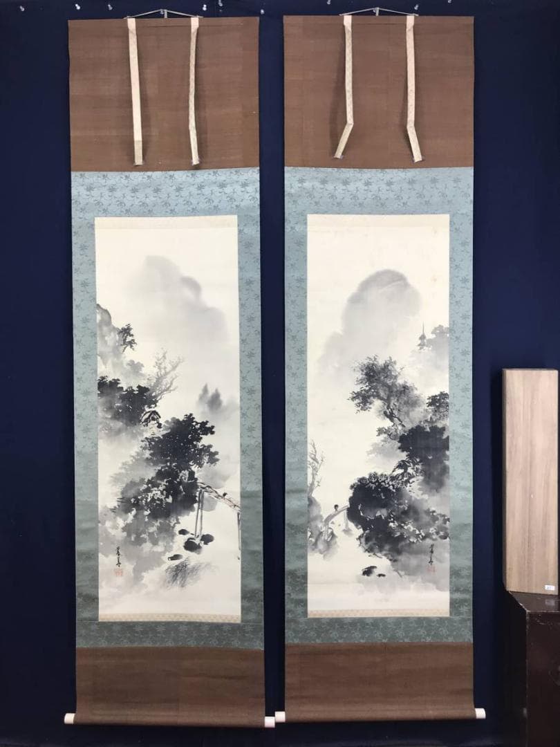 真作/橋本陵華/山水人物図/双幅/掛軸/名家伝来AE-290