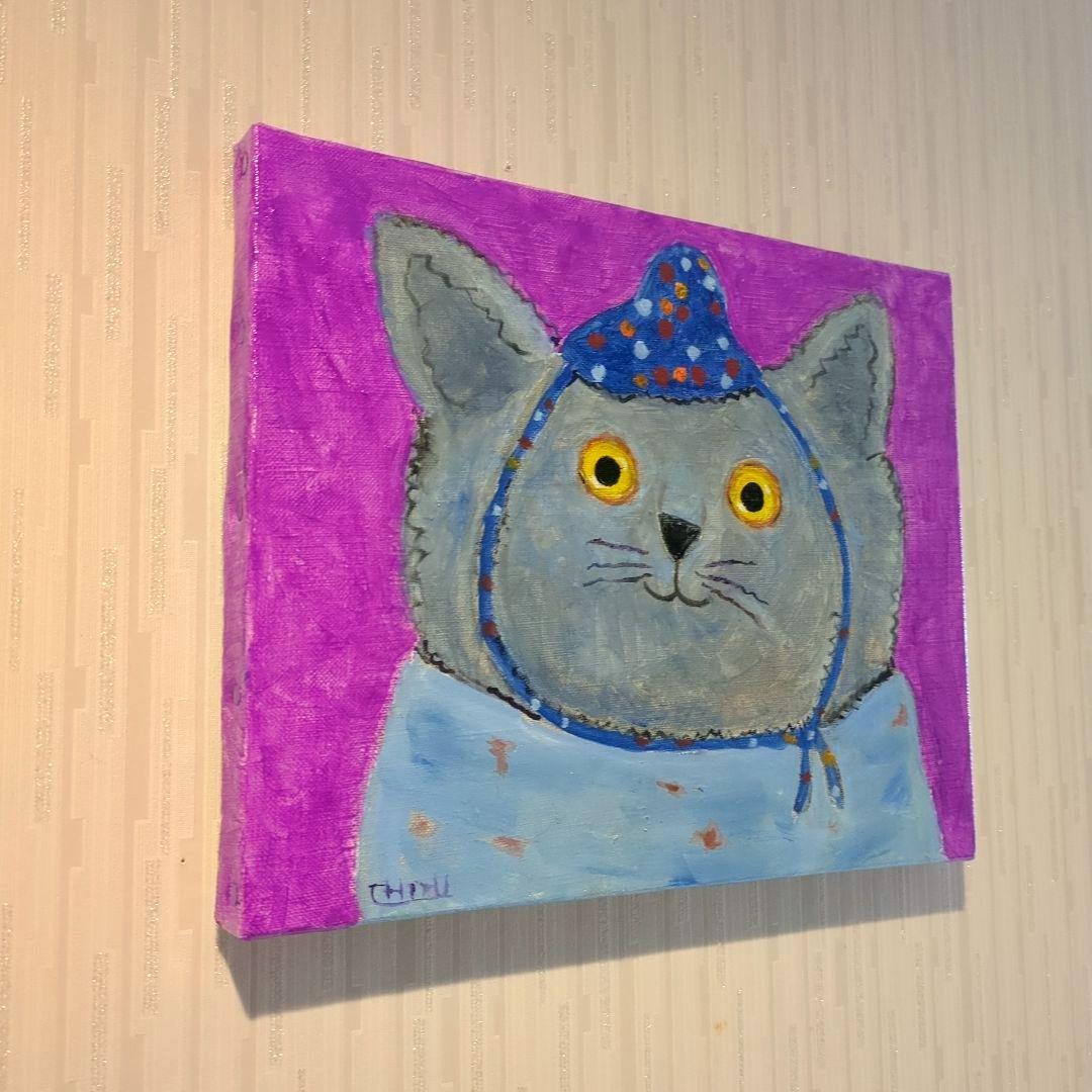 キャンバス油絵　専用　帽子と温かい服を着せてもらったにゃんこ