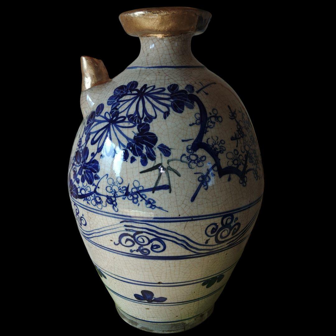 越後大久保焼　四君子染付水注　希少品　明治美術　金継ぎ