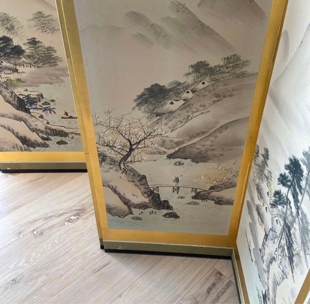 山水画 屏風 花柄裏面