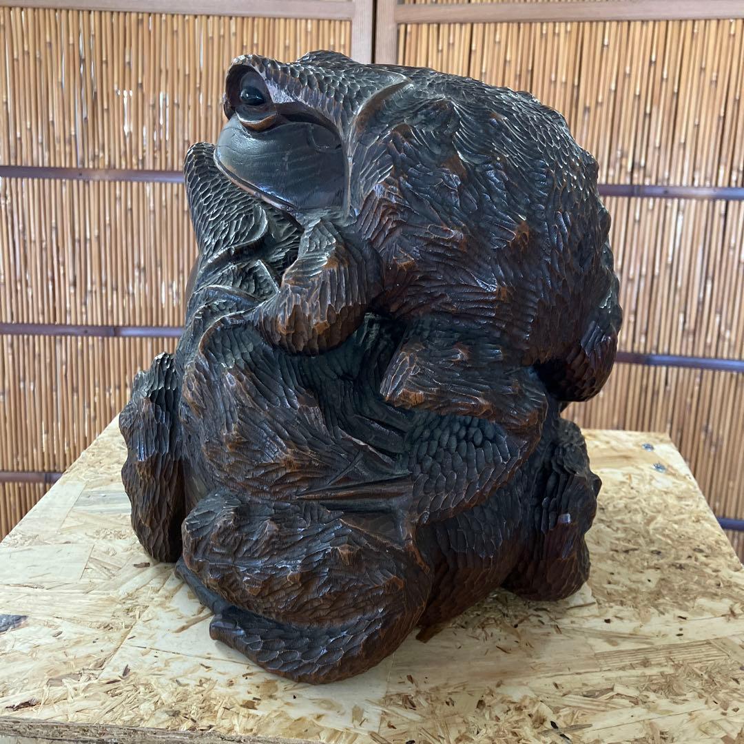 骨董　福かえる　木彫刻　親子かえる　昭和20年頃の作￼Ｎ34KE