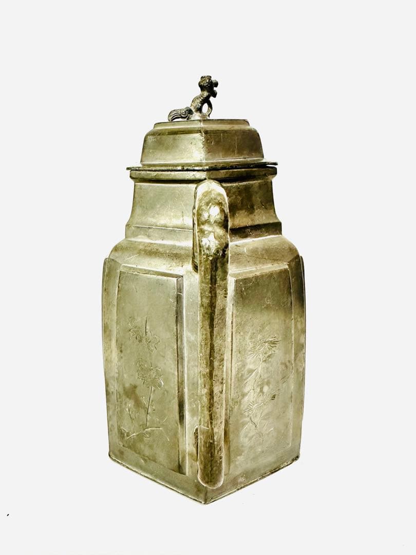 N890　茶道具　水注　錫製　約834g　六角形茶器　獅子彫刻付き