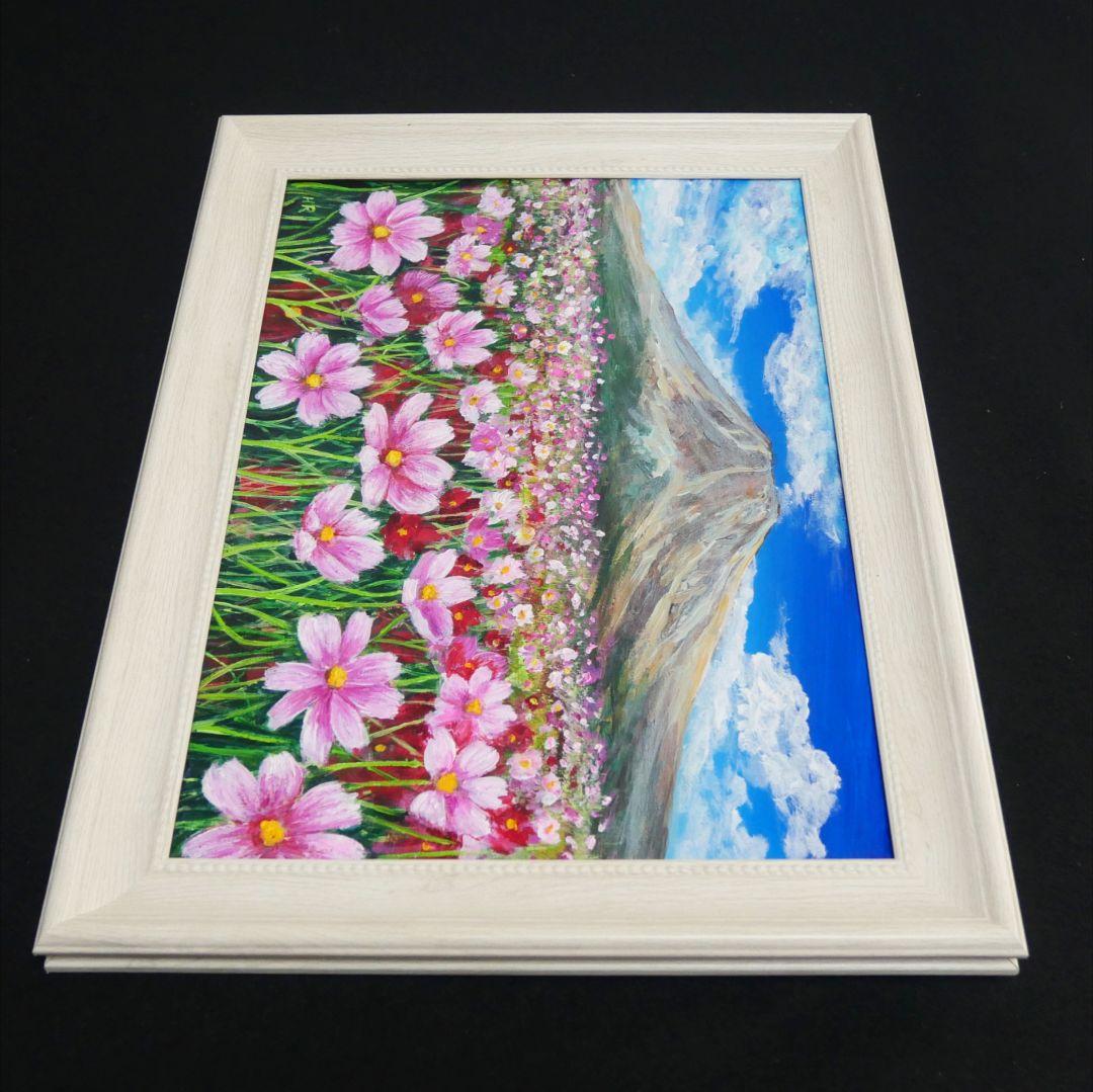 油絵 油彩 油彩画 絵画【コスモスと富士山】
