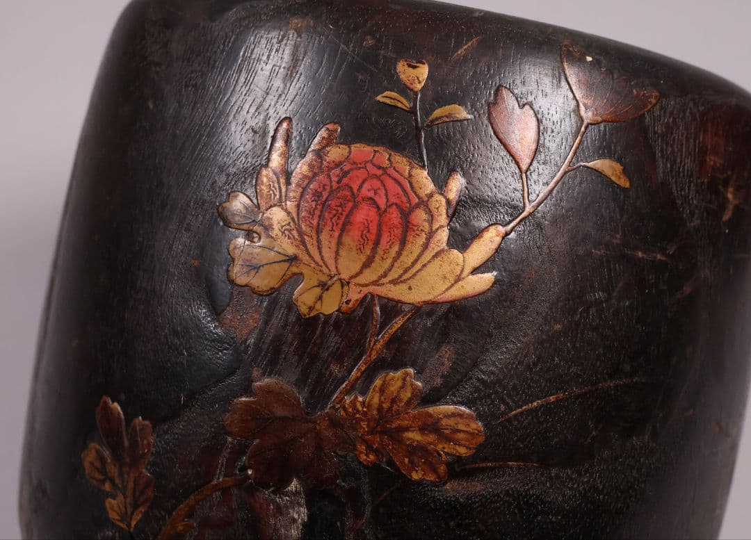 古い 桐火鉢一対 菊蒔絵 小さめ 手あぶり 6.5号 高さ15.3cm【MB30