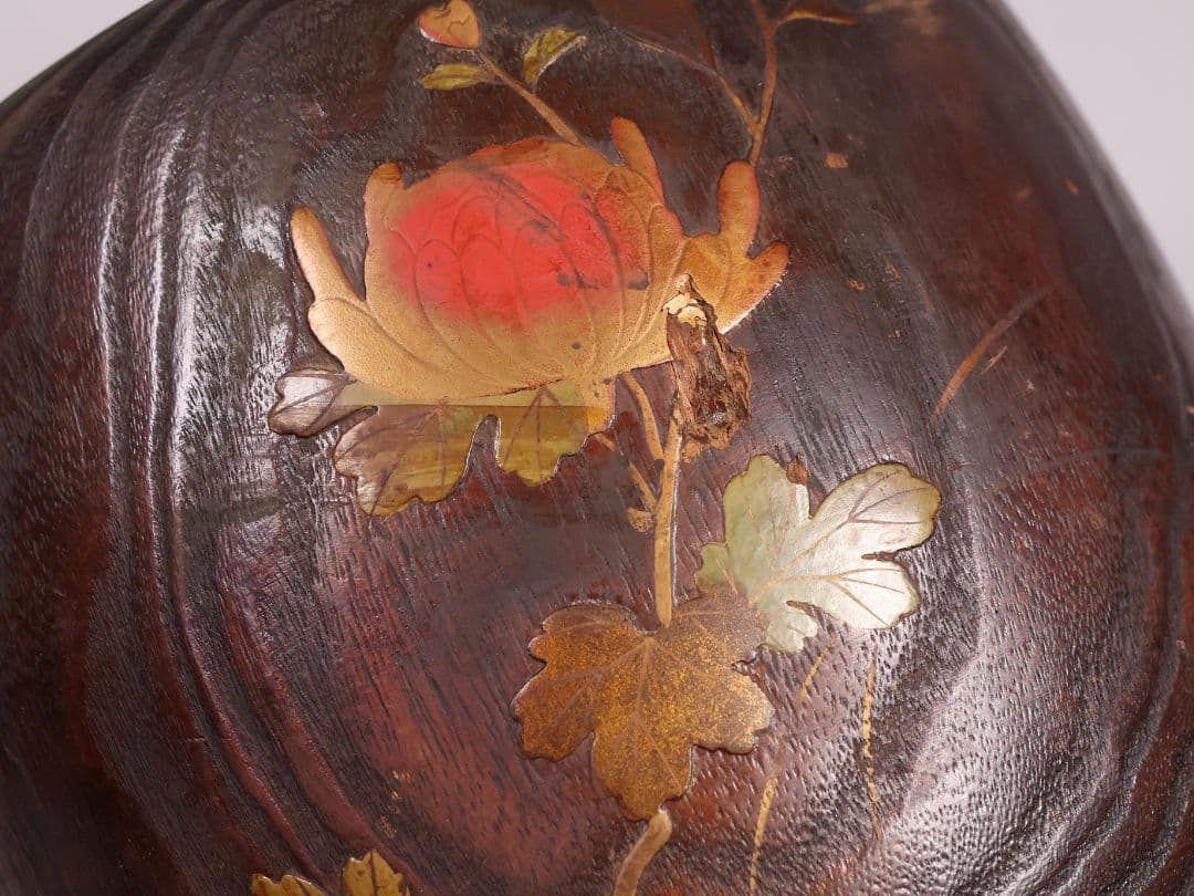 古い 桐火鉢一対 菊蒔絵 小さめ 手あぶり 6.5号 高さ15.3cm【MB30