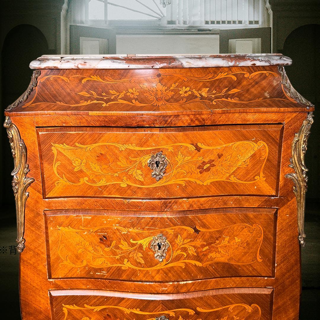 送料無料 ウルグアイ 象嵌 ６段 タンス チェスト 猫脚 鍵付 アンティーク ②