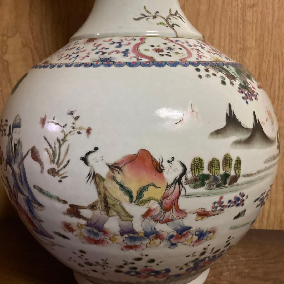 中国　色絵　瓶　天球瓶　鳳凰鶴桃果人物図　大清康熙年製銘