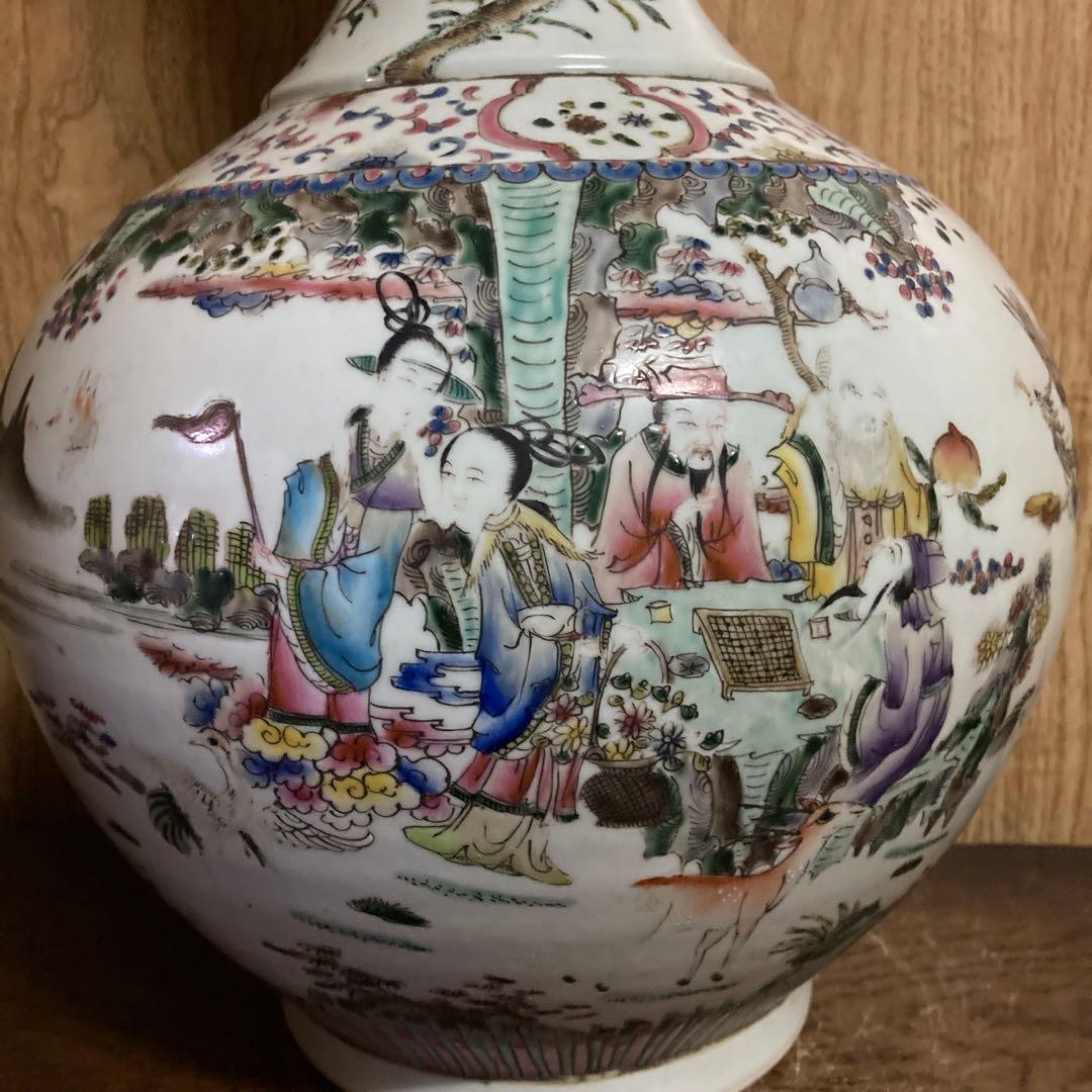 中国　色絵　瓶　天球瓶　鳳凰鶴桃果人物図　大清康熙年製銘