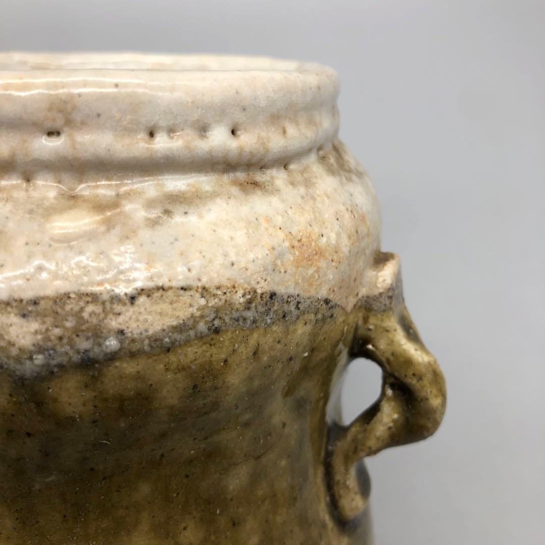 緑褐色壺型耳付き双耳陶器花入れ花瓶フラワーベース伝統工芸アンティーク骨董置物