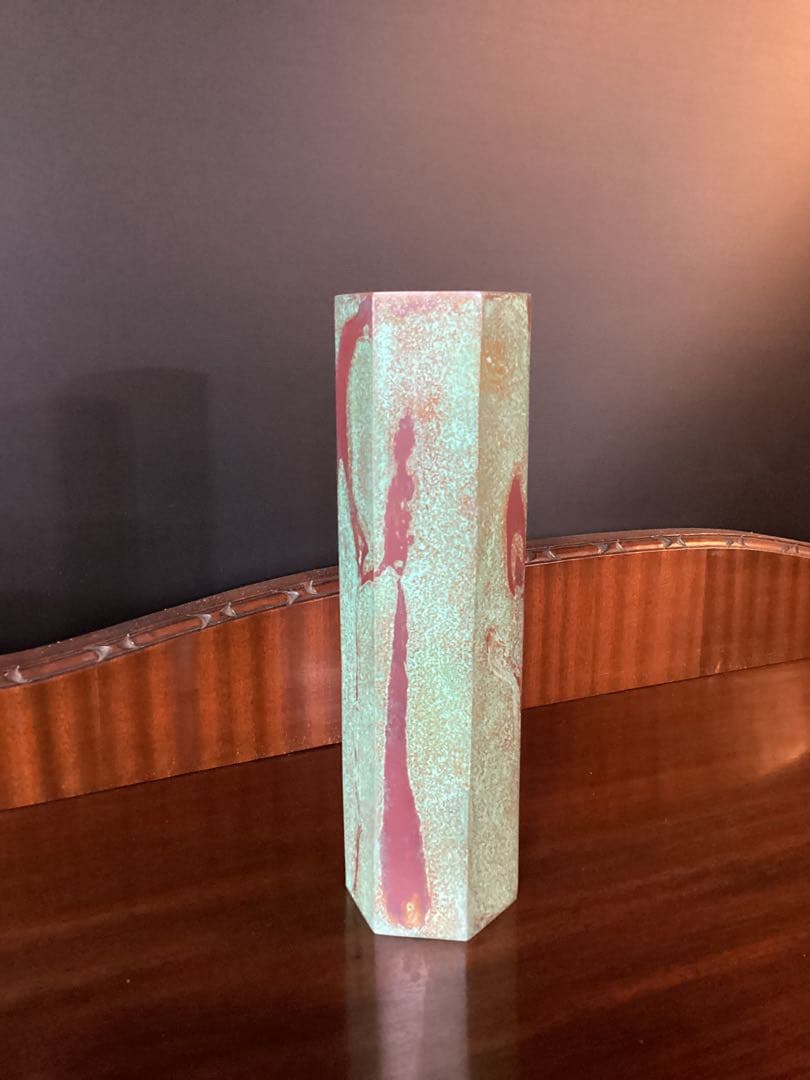 鋳銅 花入 瑞雲文本焼色 六角形 共箱付 一輪挿し