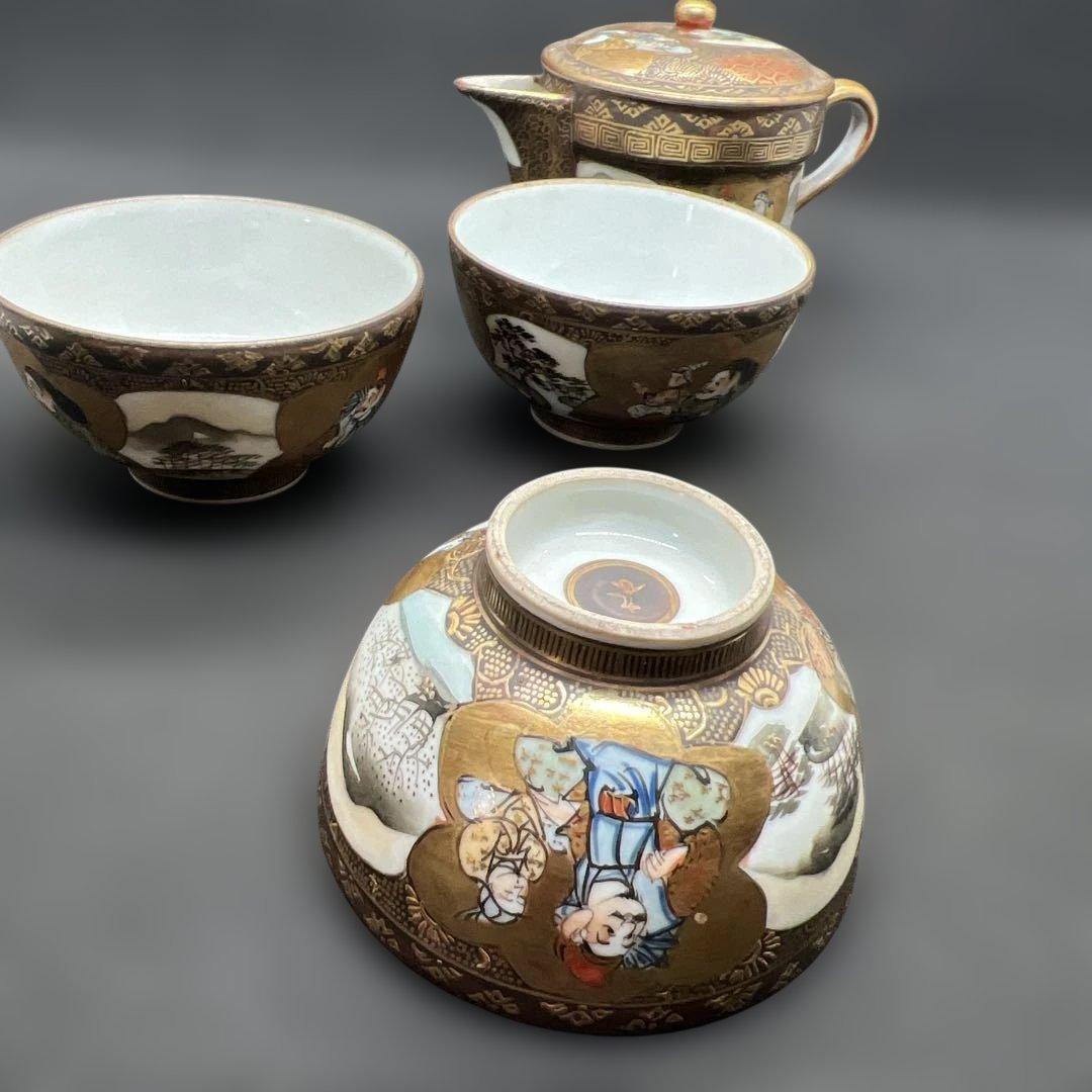 明治時代　金彩山水人物画九谷焼煎茶器セット　宝瓶１点　湯呑み３点まとめて煎茶道具