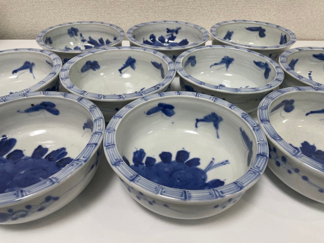 【現状品】古伊万里 染付 花蝶柄 菓子鉢10個セット アンティーク レトロ 陶器