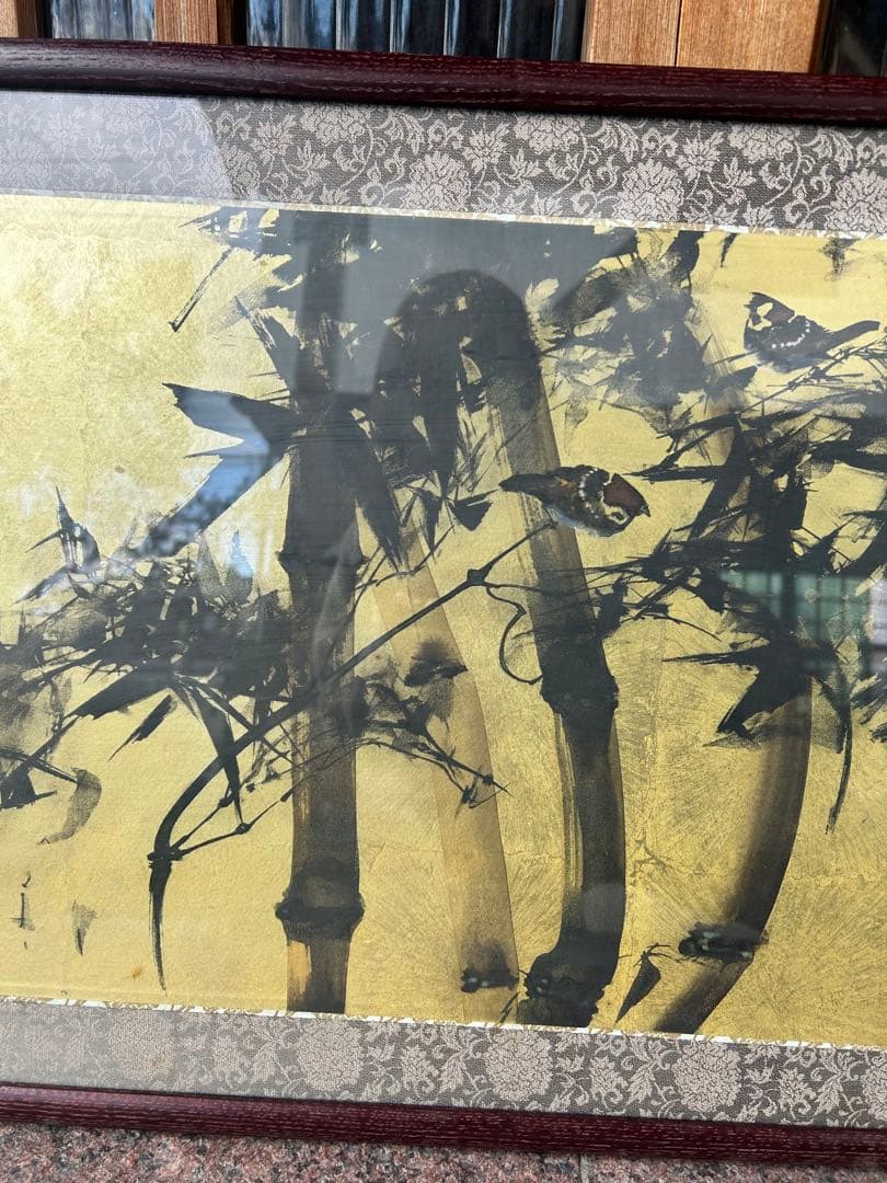 山田青雅 水墨画 扁額　大作　日本画　竹林に雀