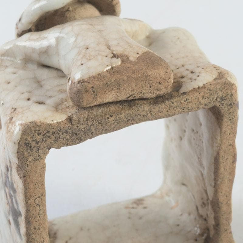 茶道具　志野焼　花草文　人物蓋置　時代箱　V　9876