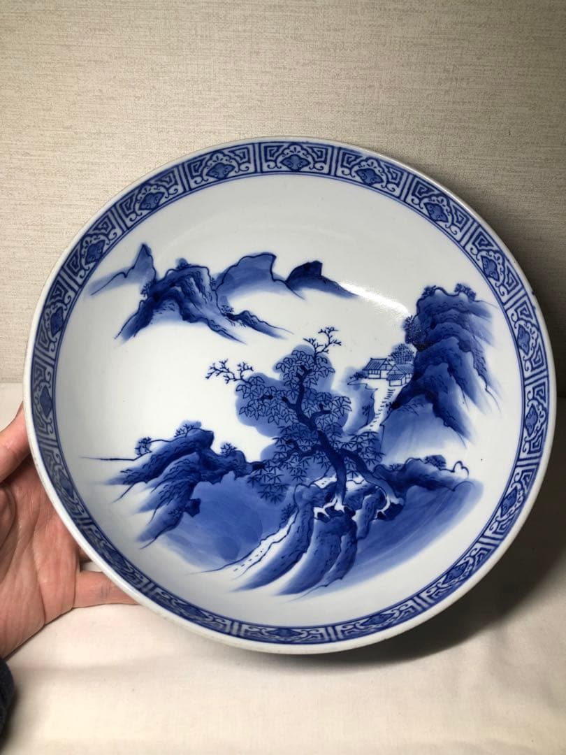染付大缽。昭和時代。戰前。山水文。美品。舊家藏出。古美術。骨董品。
