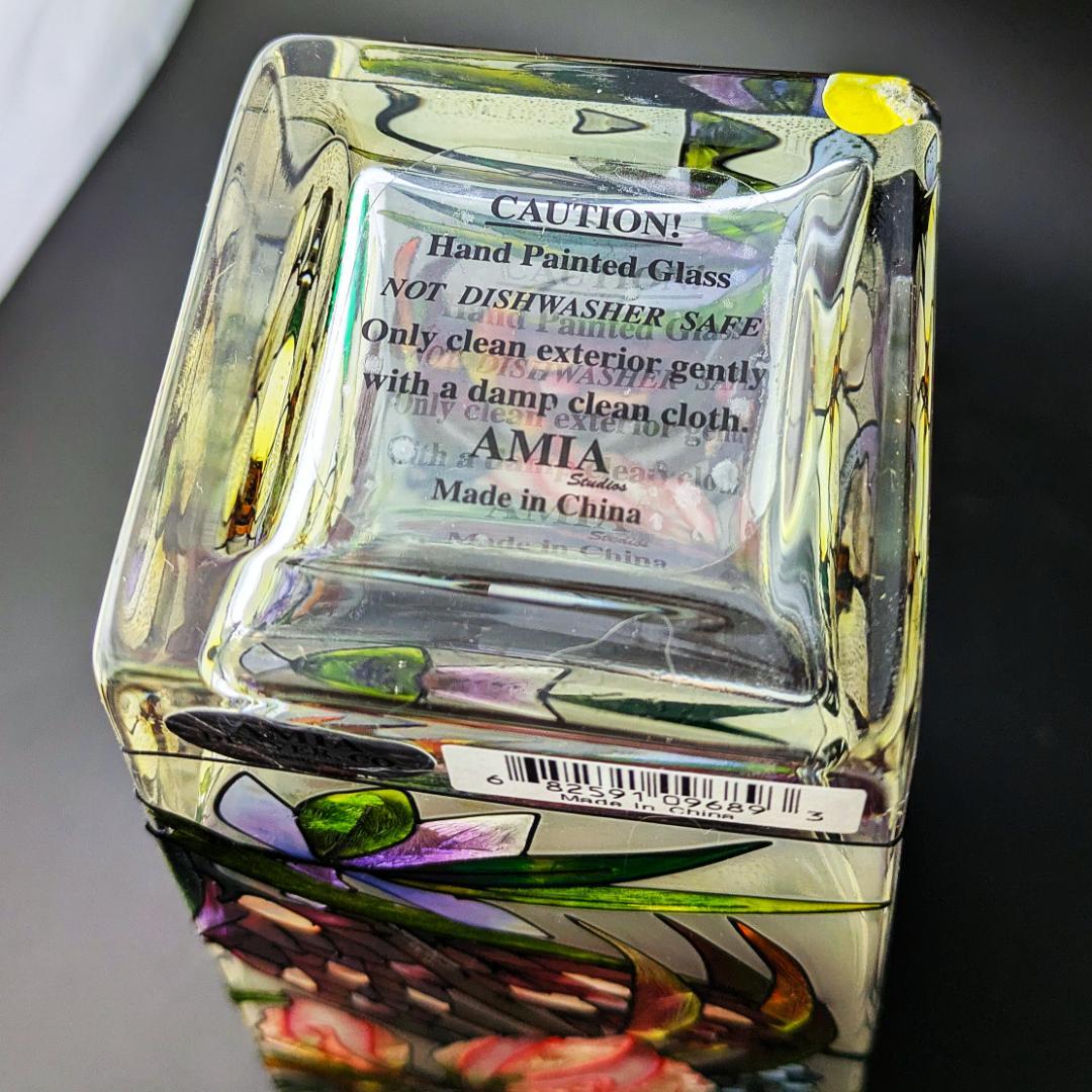 廃盤Amia製 手描き花柄ガラス花瓶 ステンドグラス風 明るいインテリアに