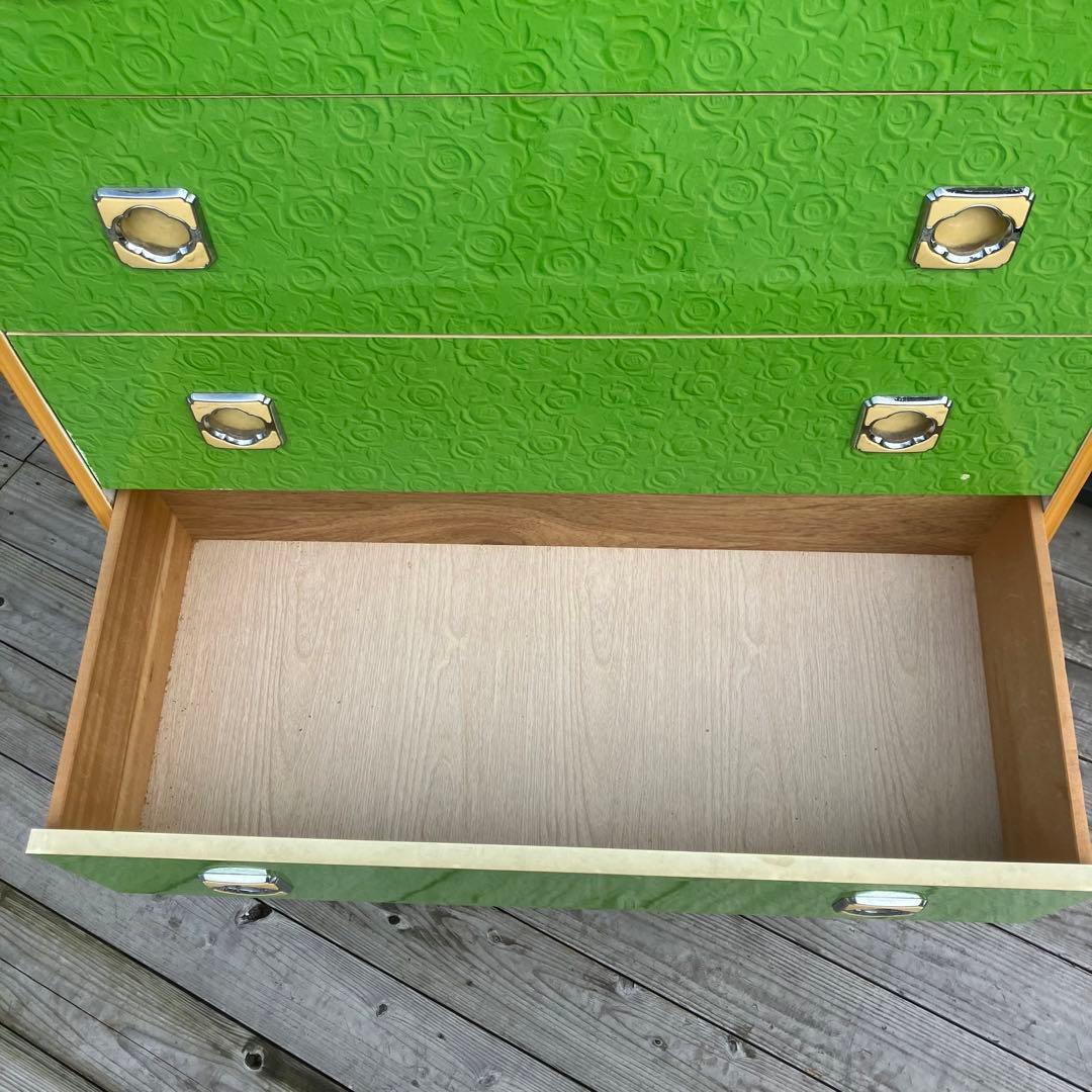 昭和レトロ 薔薇柄 花柄 木製チェスト 6段7杯 タンス 古家具 ビンテージ 緑