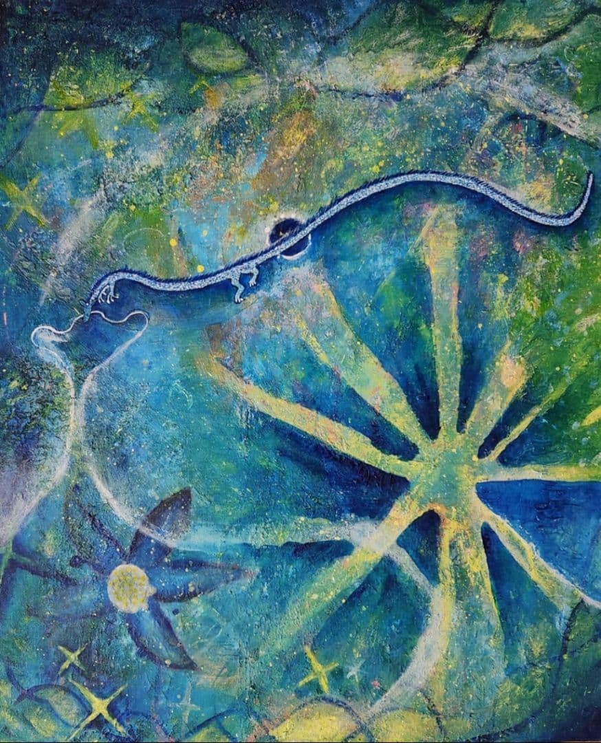 油彩画 F15 宇宙テーマの抽象画 始祖の地球の精神世界