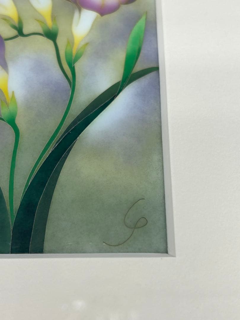 送料込み⭐︎有線七宝作家【陶板画 フリージアの花】七宝焼 安藤 七宝