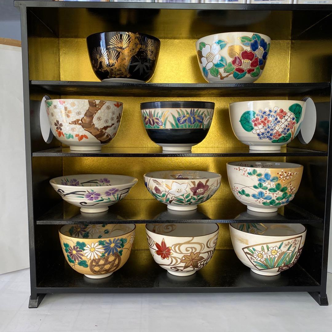 絵付抹茶茶碗（萬葉四季花）清水焼・岩崎起久雄絵付