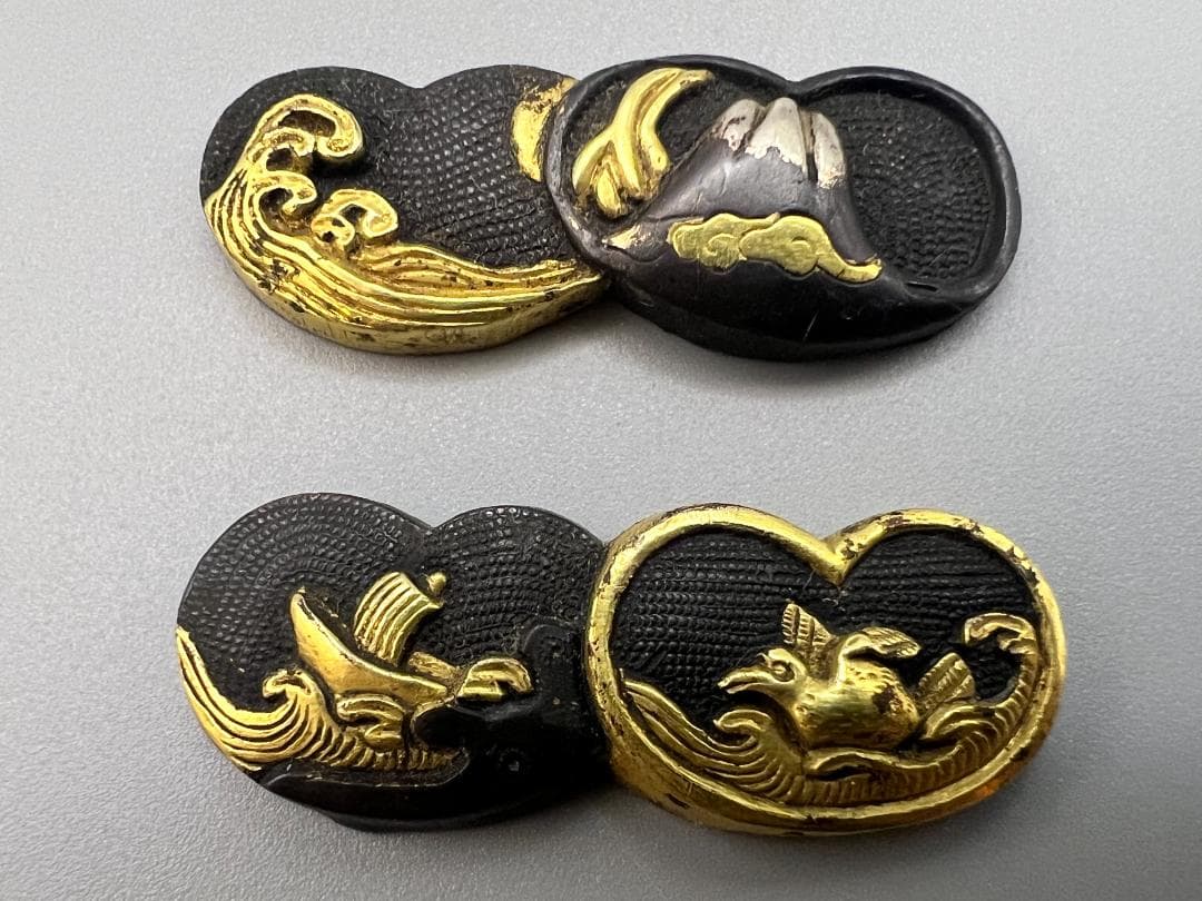 【海】江戸明治金工　鳳凰山水図　金目　手彫　目貫　４点　金銀象嵌　骨董品　元箱付