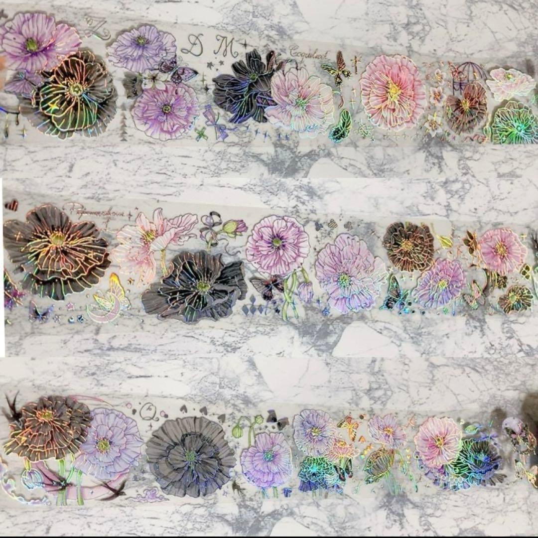 【芯なし中古】ピンク 黒 花 海外マステ petテープ