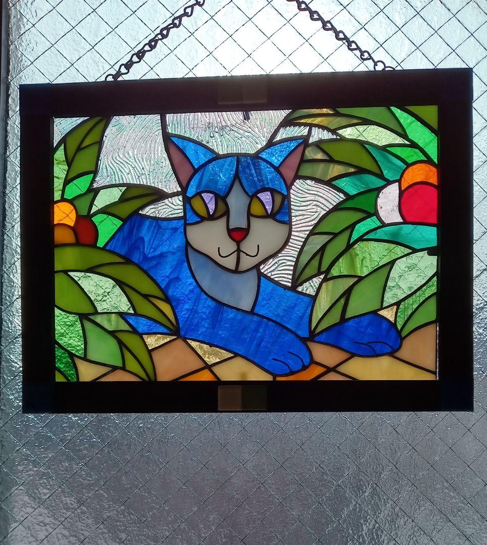 猫ステンドグラス　作家物日本製