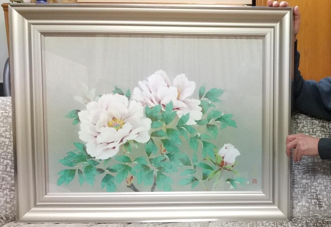 岡崎忠雄　「牡丹」　日本画　真作　一点もの　20号　共シール有　創画会会員