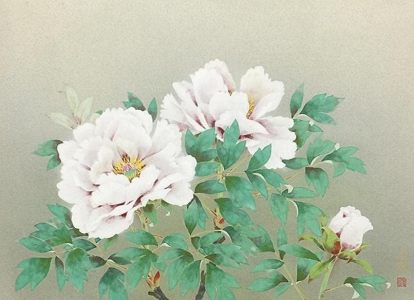 岡崎忠雄　「牡丹」　日本画　真作　一点もの　20号　共シール有　創画会会員