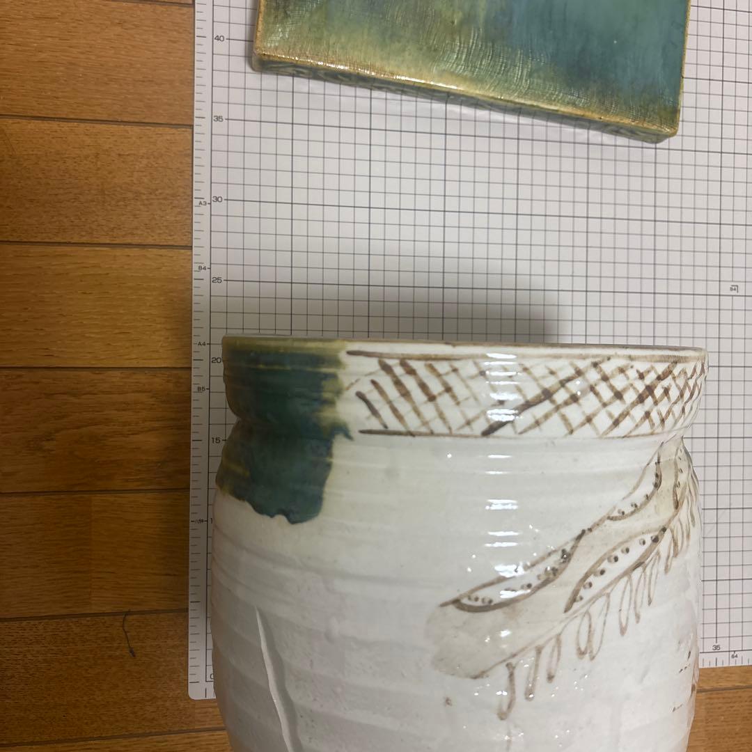 茶道具　陶器 陶板、水差し セット手描き 魚のモチーフ