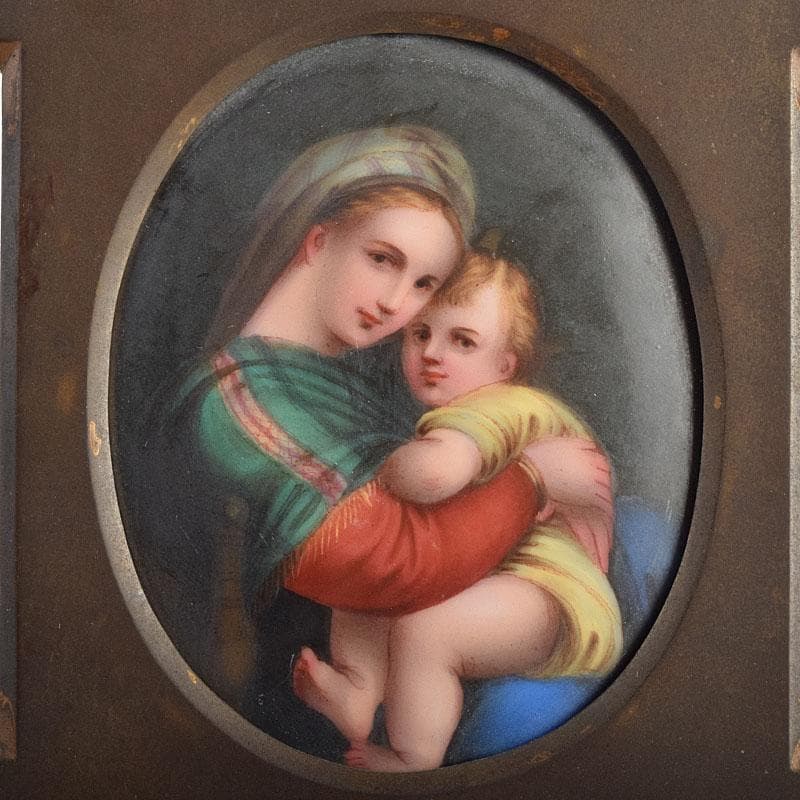 キリスト教　陶器製　聖像画　イコン　聖母子　銅製フレーム　M　R9408